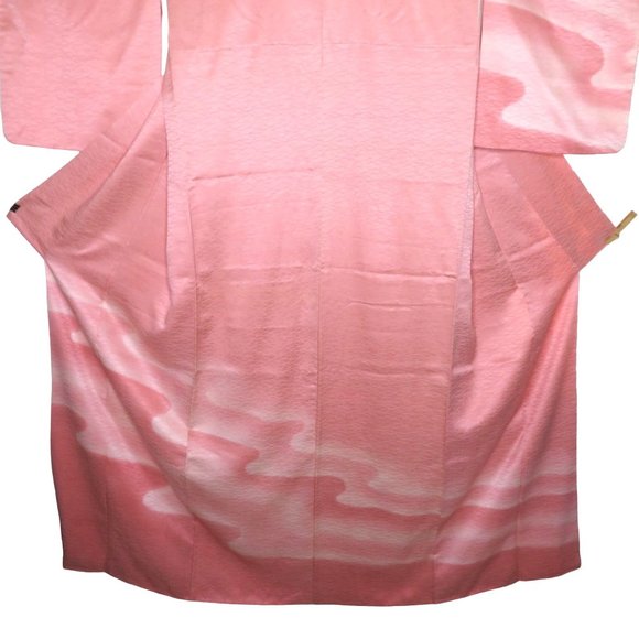 Japanese Kimono Silk Houmongi Vintage Pink Coral Peach Wave Water 63in Tsukesage - Picture 10 of 10